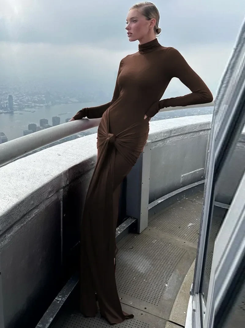 Fashion Women 2025 Spring Turtleneck Bandage Long Dress Elegant Ladies Autumn Bodycon Solid Holiday Party Dresses High Street 4