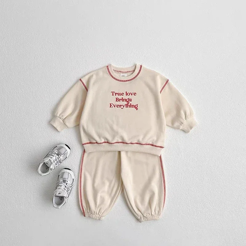Spring Autumn Kids Clothes Girls Set Korean Fashion Letter Embroidery Hoodies Sweatshirts+Sweat Pants Children Boys Clothing Set 4