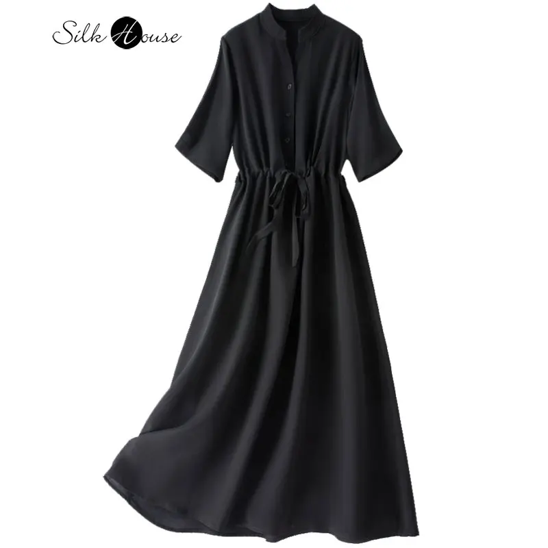 Temperament V-neck Silk Women's Short Sleeved Loose Waisted Mid Length Mulberry Silk Shirt Style Dress