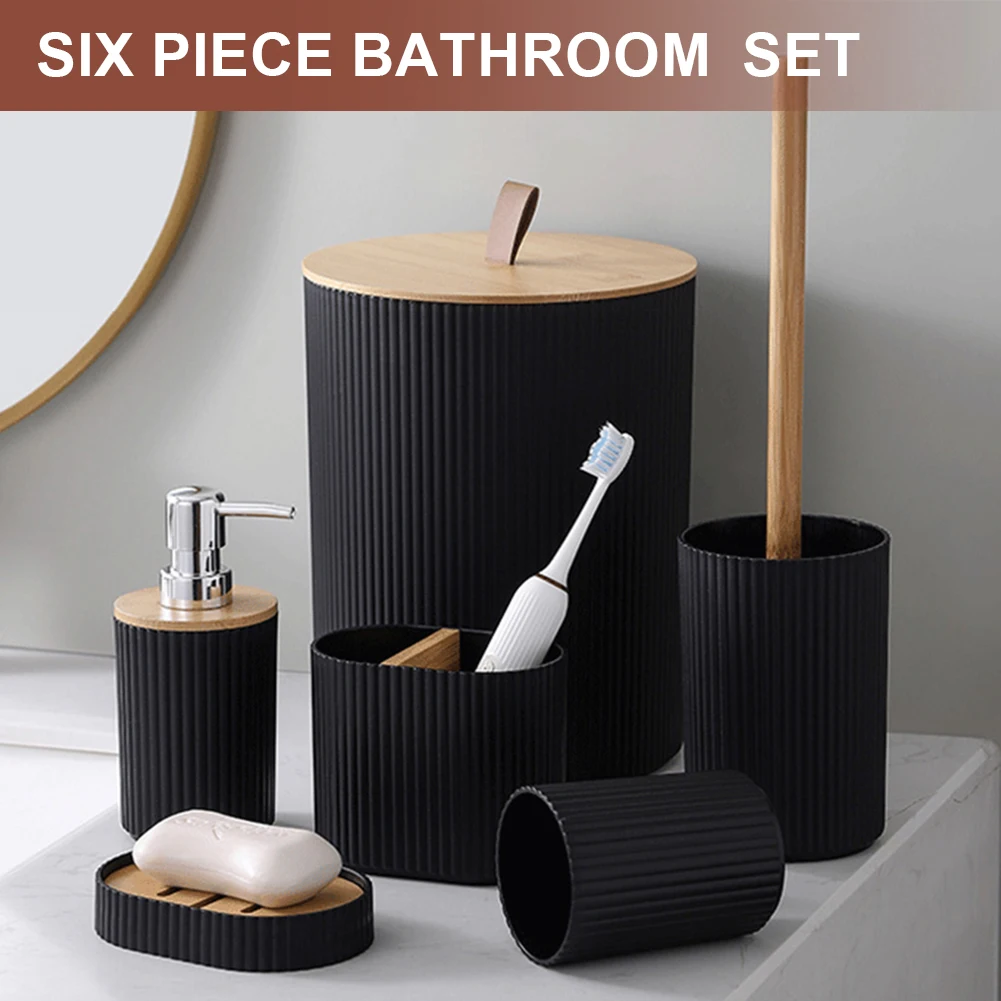6 Piece Modern Bathroom Essentials Set Bamboo Bathroom Set with Toilet Brush Trash Can & Soap Dispenser