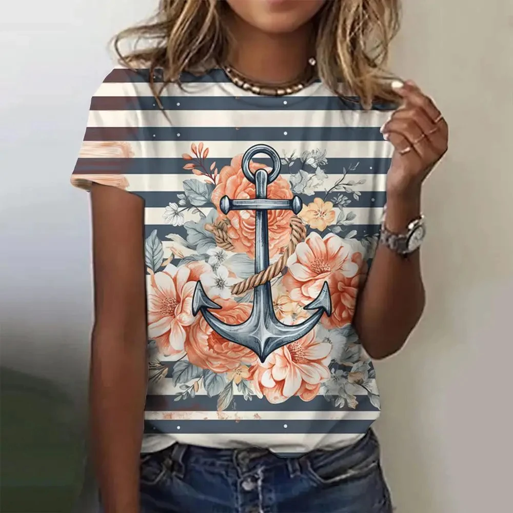 

Refreshing Summer Fashion Women's Clothing Sailing Anchor Pattern T-Shirt 3d Printed Round Neck Sports Casual Short Sleeved Top