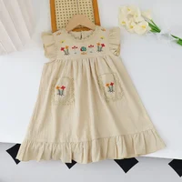 Robe brodée à volants pour filles, robes pour enfants, bord, fibre, dentelle, col rond, poche, vêtements pour enfants, été, ingent 2