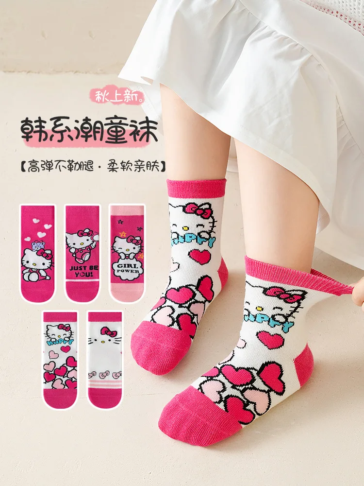 5 Pairs Sanrio Hello kitty Kids Socks Kawaii New Fall Cartoon Children mid-calf socks Cotton Sock for Girls Gifts 4