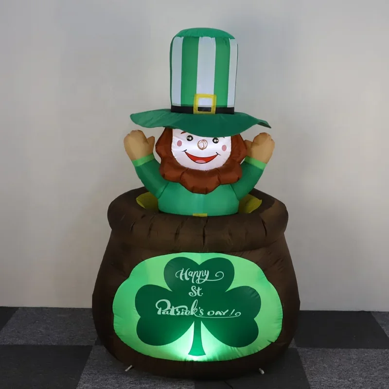 St Patricks Day Inflatables Golden leprechauns up and down in clover jars Inflatable Build-in LED Lights Yard Home Decoration