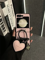 Korean-Inspired Pink Irregular Pattern Leather Phone Case with Love Heart Pendant for Z Flip 6 (A)
