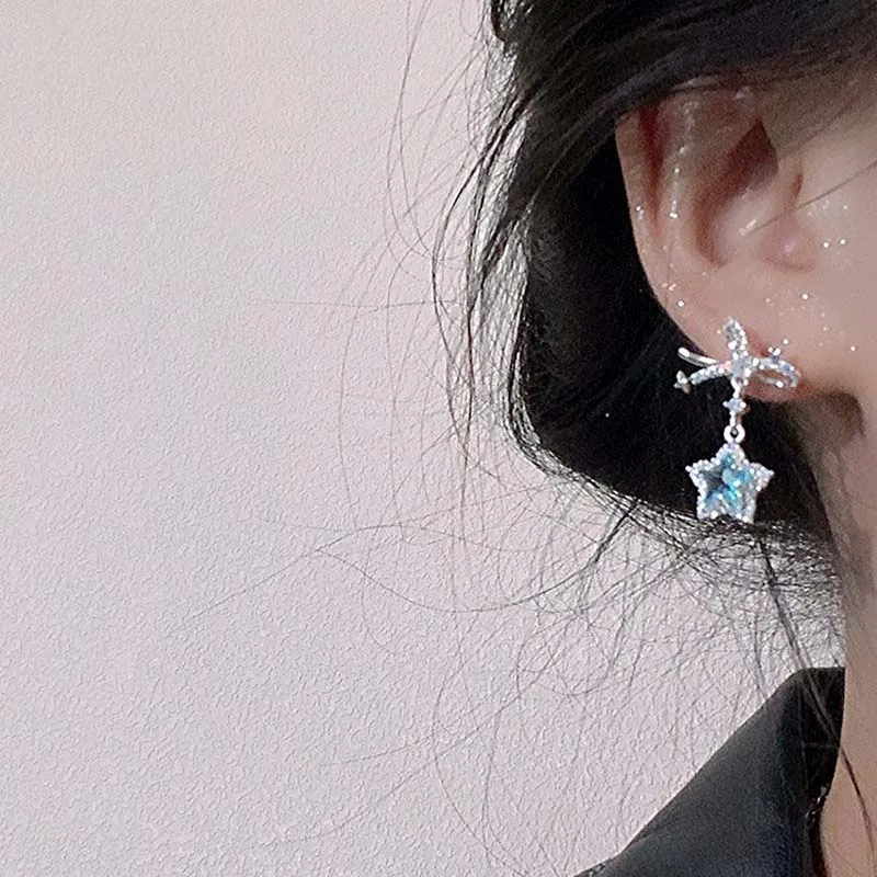 Kpop Y2K Blue Crystal Star Pendant Earrings for Women Exquisite Elegant Zircon Bowknot Pentagram Earrings Jewelry Birthday Gifts - Image 3
