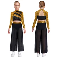 Tenue de danse lyrique moderne pour filles, haut court brillant avec fente latérale, pantalon en mousseline avec culotte intégrée, vêtements de gymnastique et de patinage 2