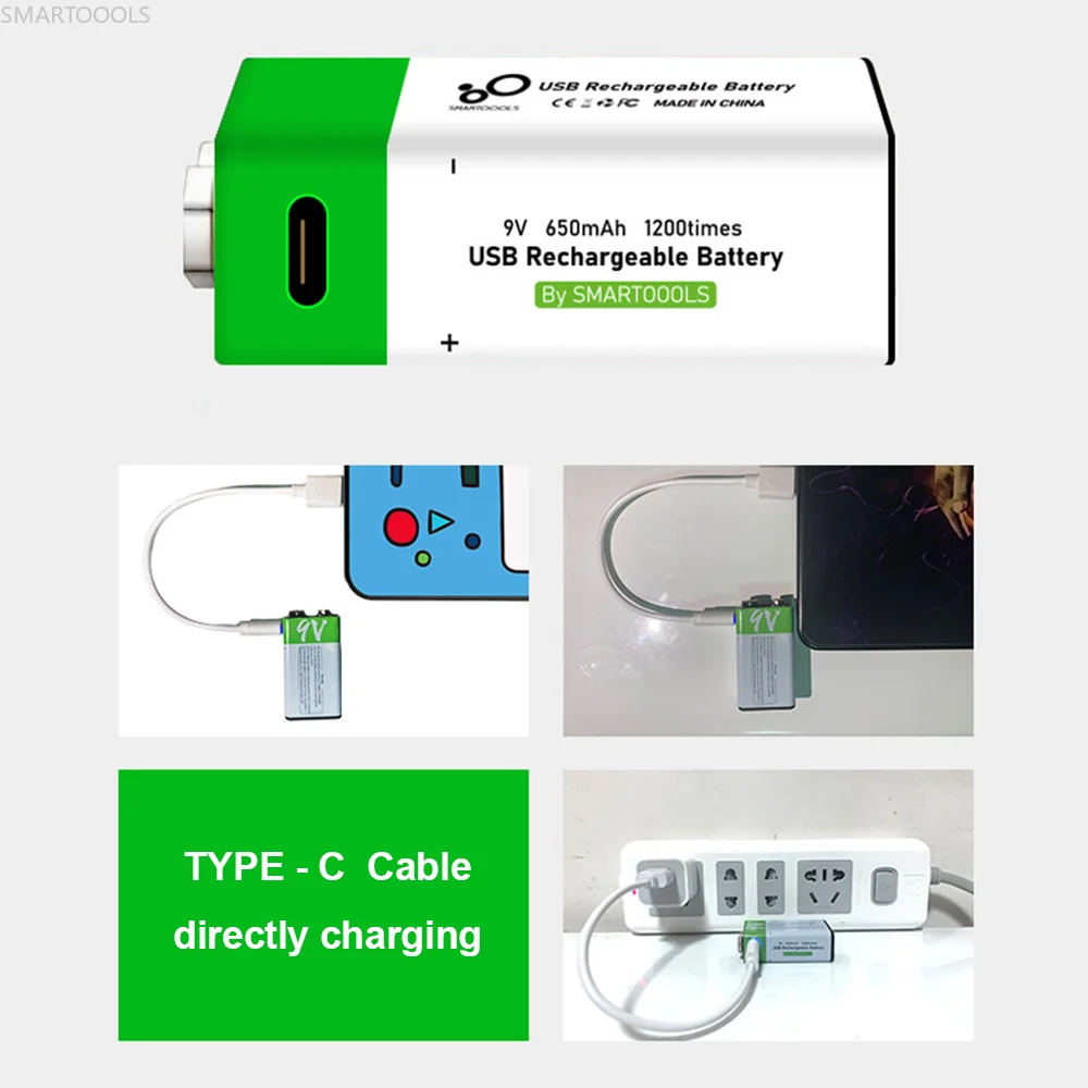 YouTu 9V USB Rechargeable Battery - Lithium-Ion, 650mAh, Eco Friendly, 1200 Uses, Type-C Charging, 1.5h Rapid Recharge, Li-Ion 5