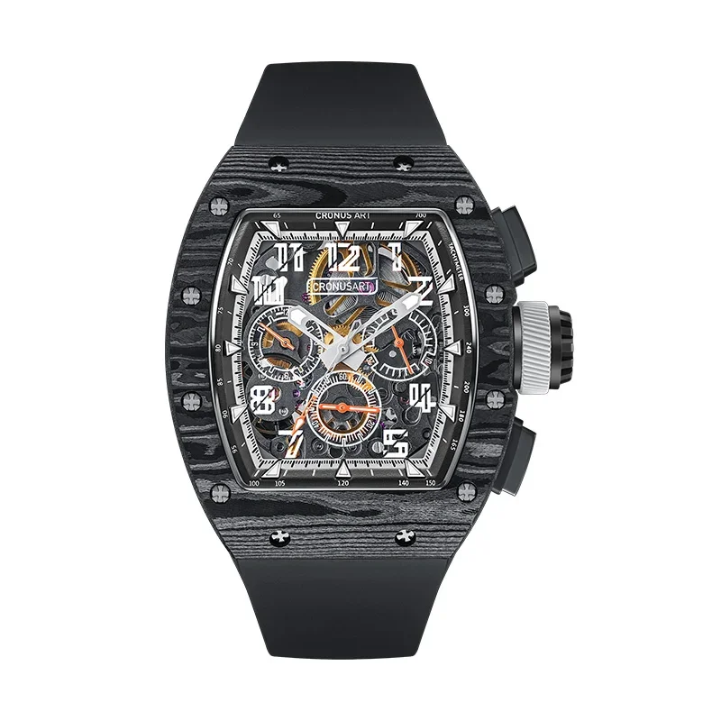 

CRONUSART Men Automatic Watch 50MM Chronograph Tonneau Mechanical Wristwatch Luminous Fluororubber Strap Sport Carbon Fibre Case