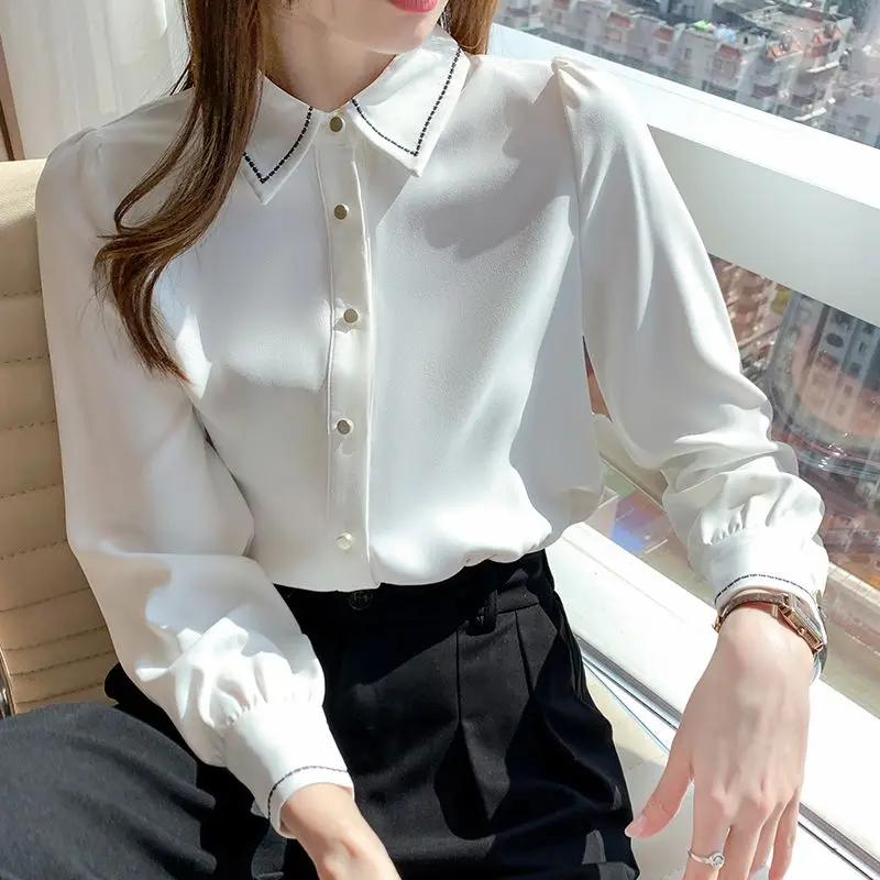 White Chiffon Shirt Women's Long Sleeve Youth Button Patchwork Office Blouse Spring Autumn New Solid Fashion Korean Clothing