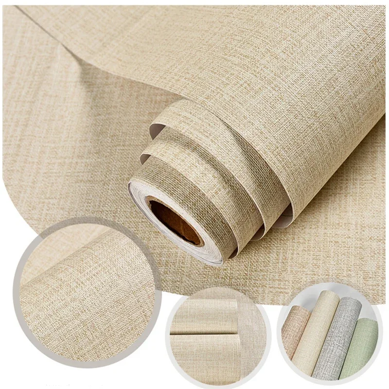 Self-adhesive Wallpaper Waterproof Solid Color Linen Pattern Living Room Bedroom Room Cabinet Decoration Sticker.