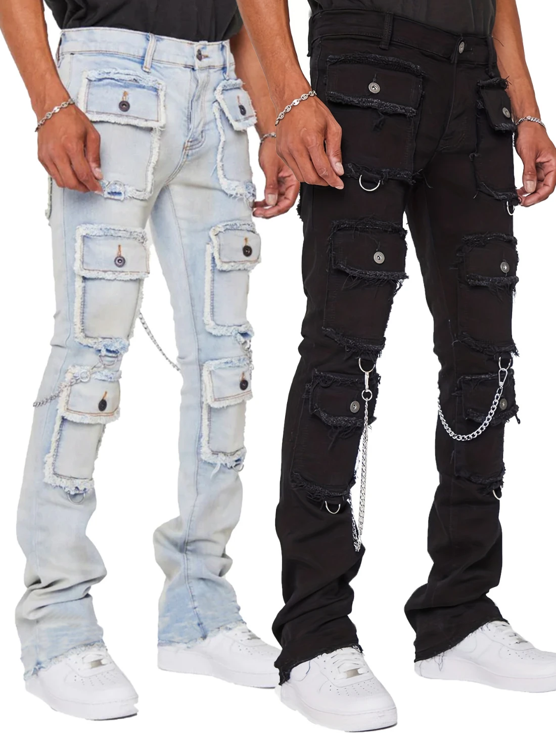 High Street Mult Pockets Men Jeans Slim Fit Denim Trousers Mens Stacked Jeans 2024 Casual Fashion Fall Winter Joggers Pants