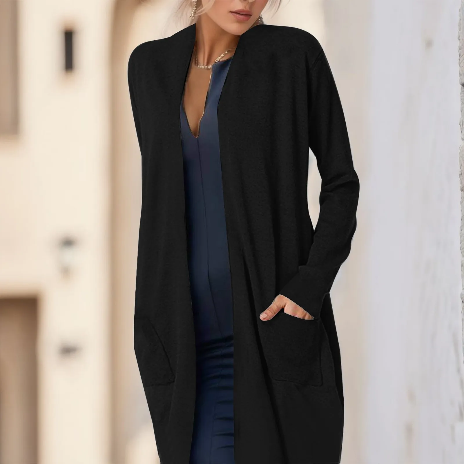 

Women'S Fashion Casual Cardigan Long Sleeve Open Front Loose Mid Long Cardigan With Pockets Ladies Black Solid Color Sweather