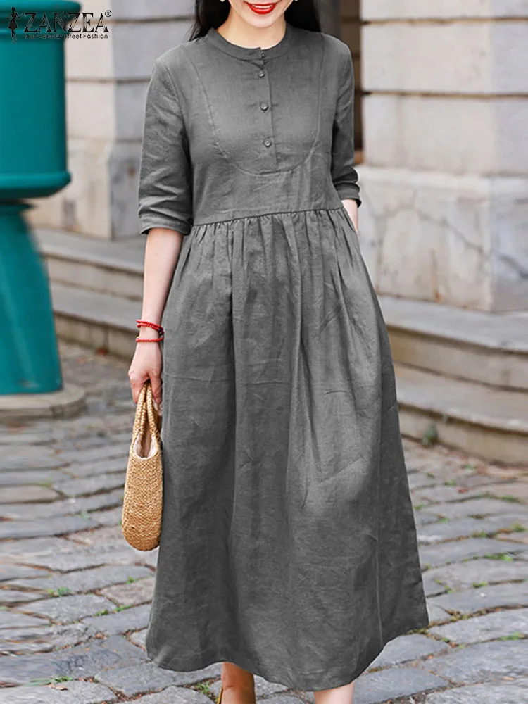 

ZANZEA Cotton Dresses For Women 2023 Summer Half Sleeve Pleated Dress Casual Solid Buttons Shirt Vestidos Vintage Holiday Robe