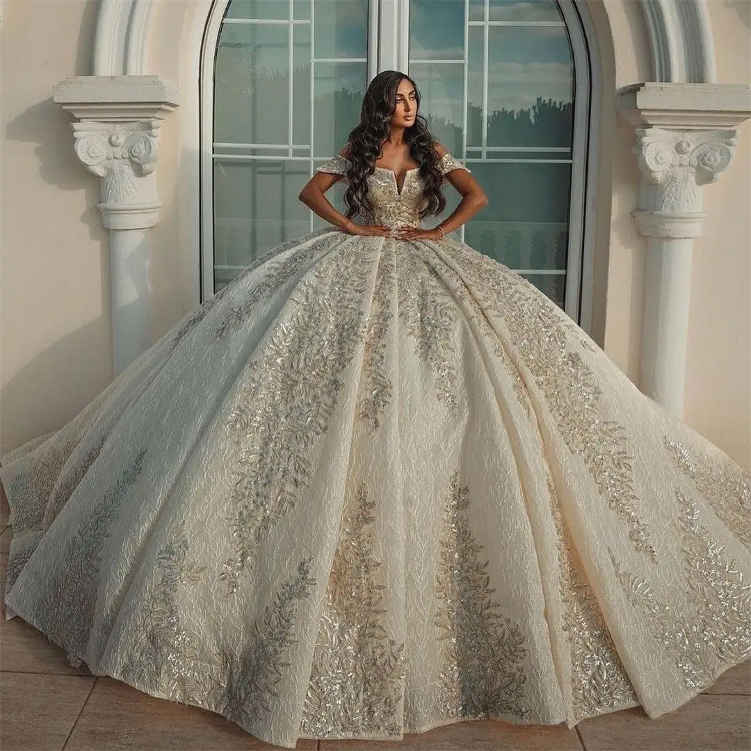 

Princess Off Shoulder Puffy Luxury Ball Gown Wedding Dress Sparkly Lace Brides Dress Pageant Vestido De Novia Custom Made
