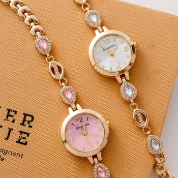 Women Stylish Gold-tone Quartz Watch Diamond-cut Dial Bracelet Inlaid Colorful Rhinestones Retro Design Perfect Gift for Her