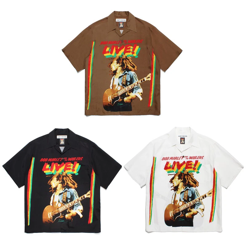 

23ss Summer New Singer Printing WACKO MARIA Shirts Men Women 1:1 Black White Brown Tops Streetwear Casual Hawaiian Short Sleeve