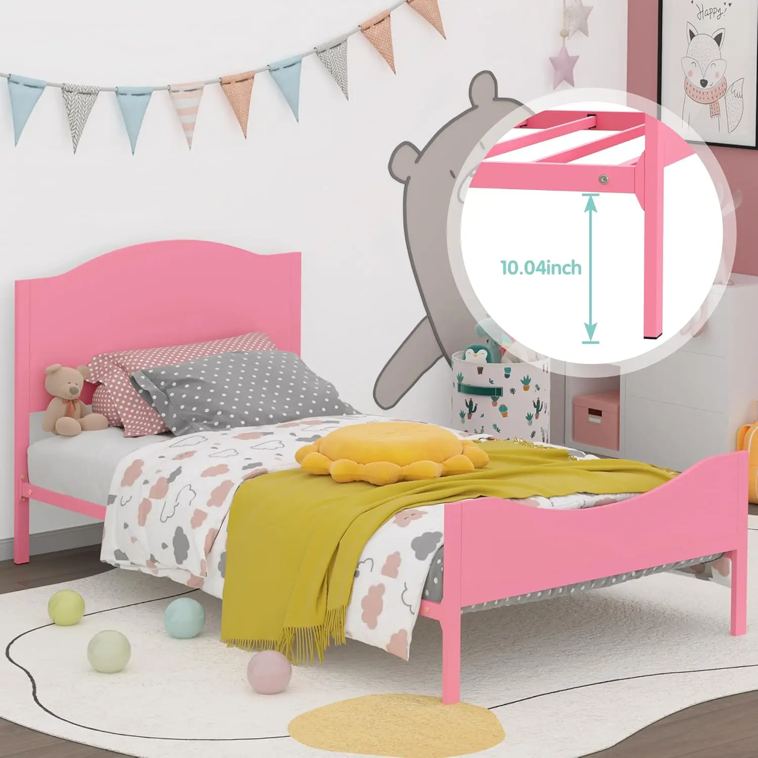 Timy Pink Kids Twin Bed Frame with Wooden Headboard and Footboard, Metal Platform Bed Frame for Boys Girls Teens Adults, Modern