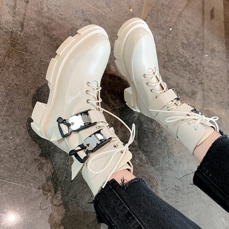 

Teng Easy Reach Genuine Leather Boots Women Shoes Thick Sole Lace Up Autumn Winter Short Ankle Boots for Women Motorcycle Boots