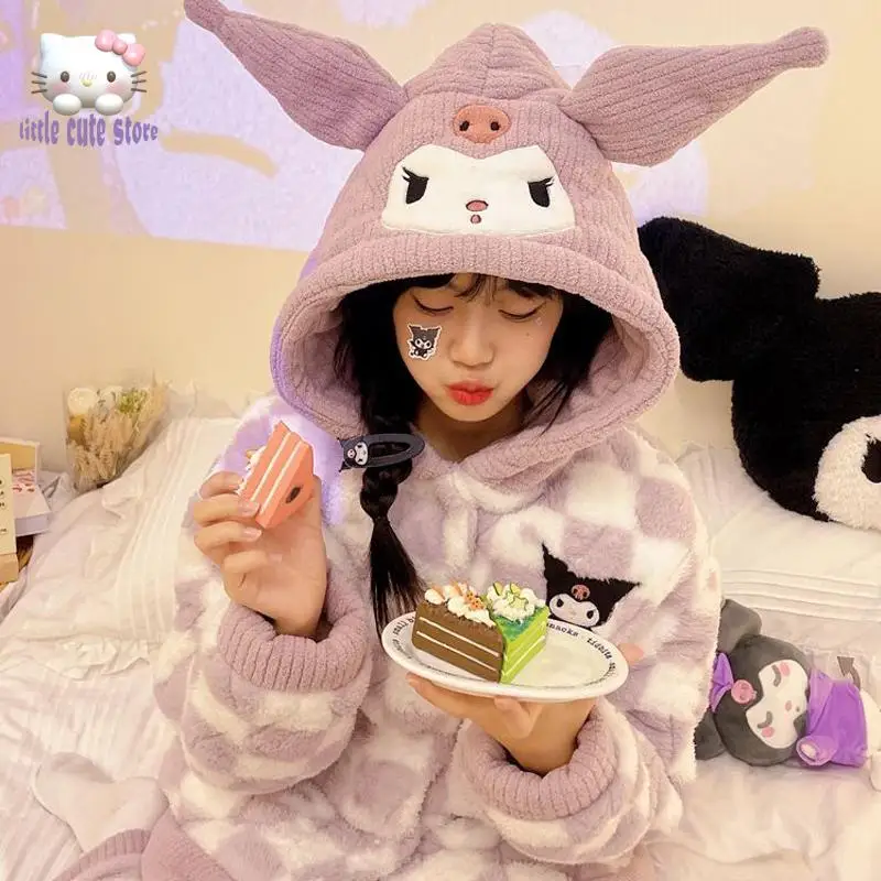

Sanrio Kuromi Mymelody Cinnamoroll Cartoon Pajamas Cotton Coral Velvet Pajamas Women's Winter Thickened Plush Warm Home Clothes
