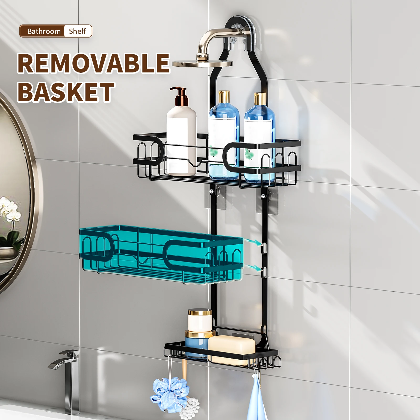 Bathroom Shower Head Hanging Rack Shower Storage Holder 4 hooks Metal Iron Rustproof Punch Free for shower caddy basket