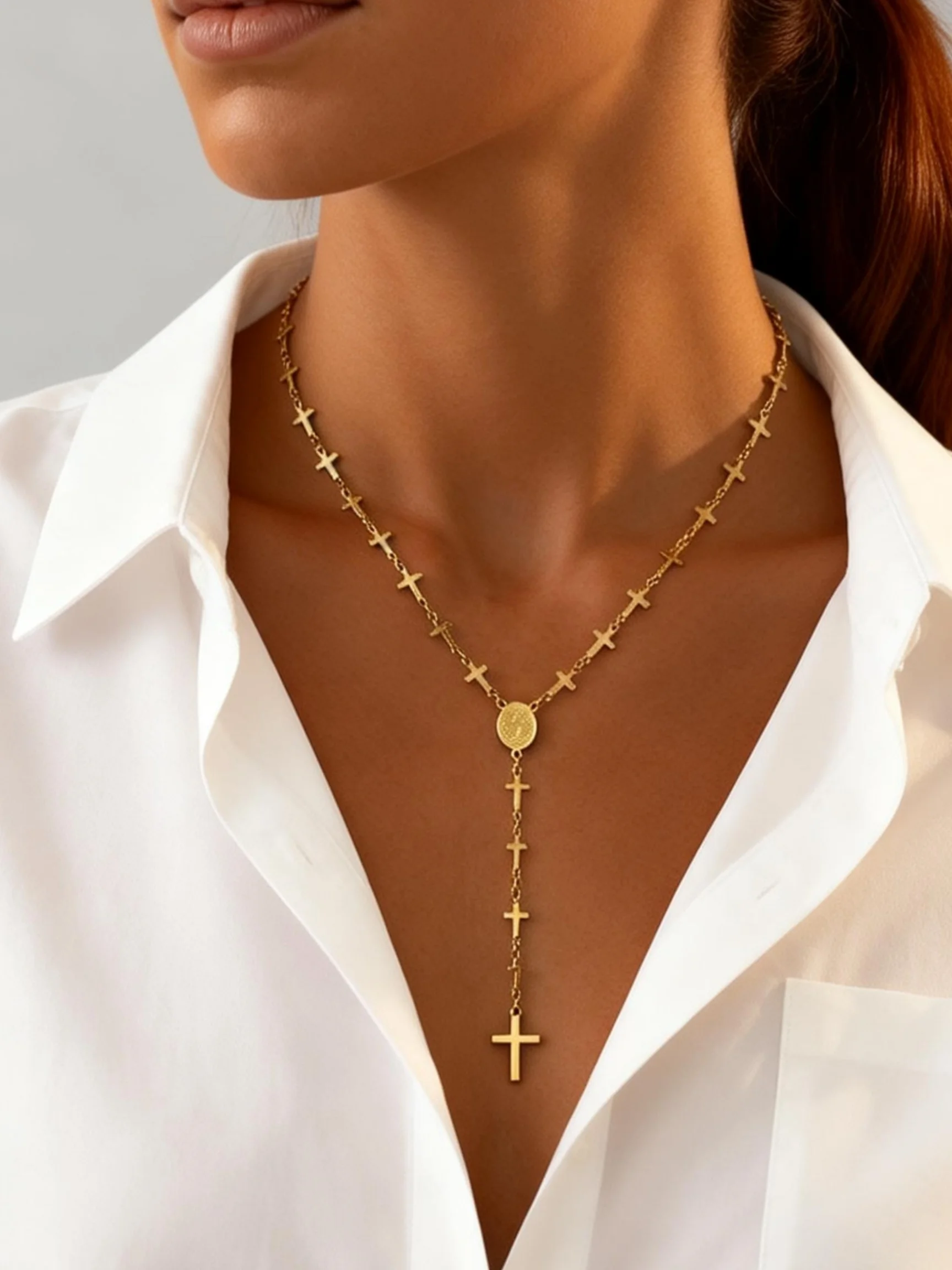 Edelstahl-Kreuzkette mit Jungfrau-Maria-Anhänger, Y-förmige lange Halskette für Frauen, Heiliger-Geist-Gebets-Schmuck, religiöses Geschenk