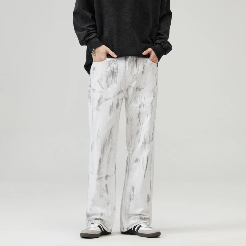 2024Spring and Summer American Niche Tie-Dyed Washed Dirty White Jeans Men's and Women's Loose Straight Drooping Trousers