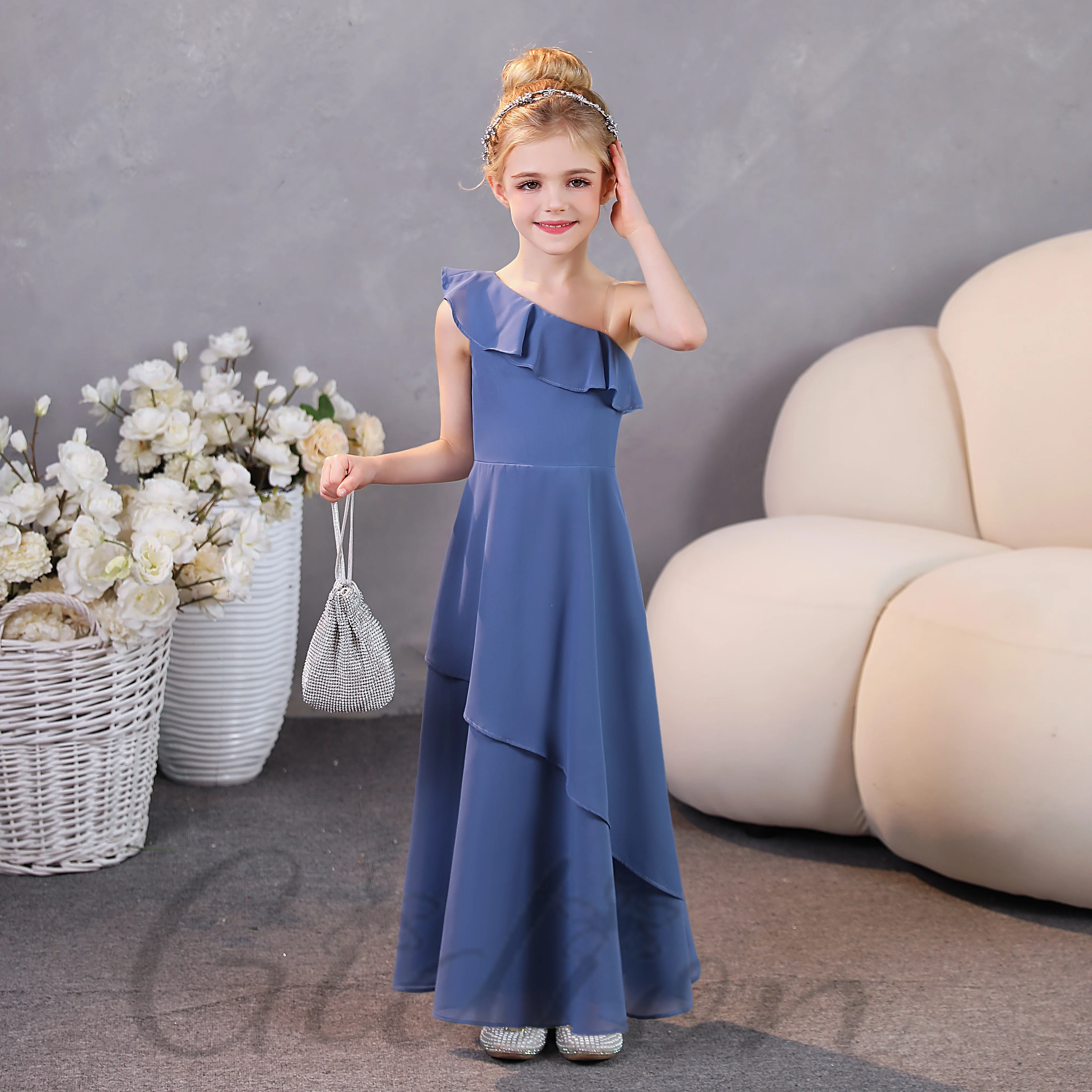 

One-Shoulder Chiffon Junior Bridesmaid Dress For Kids Wedding Prom Night Banquet Pageant Show Ball Evening-Gown Any Event Party