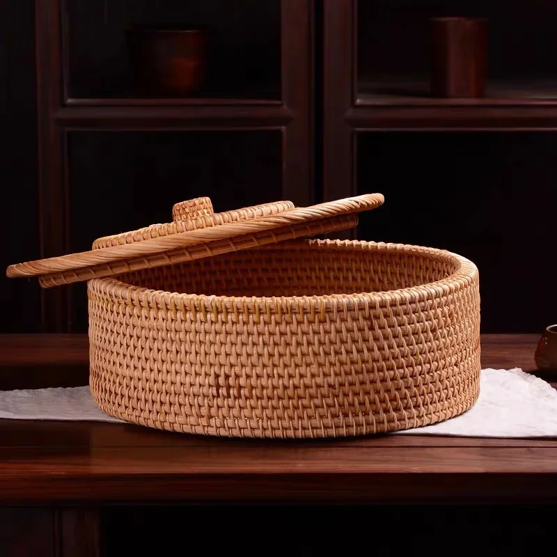 New Hand-woven Basket Primary Colours Simple Retro Rattan Storage Boxes with Lids Jewelry Tea Set Storage Boxes Household Items