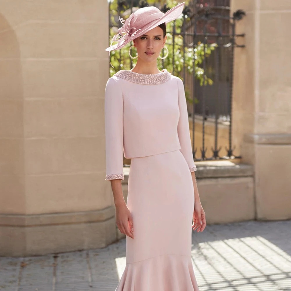 

Elegant Pink Mother Of The Bride Dresses Short Beaded Two Pieces Wedding Guest Gown Tea Lengh Groom Dress Jewel Neck