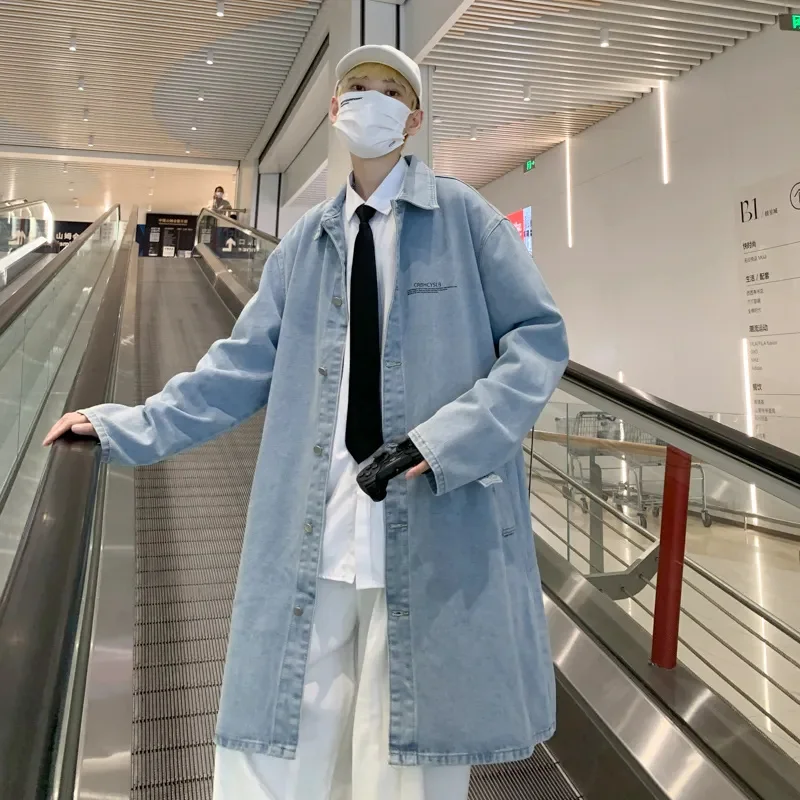 

2023 Print Long Jacket for Mens Autumn Fashion Trends Streetwear Teenage Loose Fit Jean Windbreaker Casual Denim Trench Coats