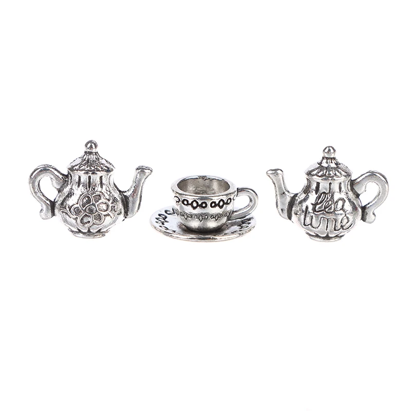3Pcs/set 1:12 Dollhouse Miniature Furniture Mini Metal Tea Set 1 Teapot 2 Tea Cups Set Modle Toys Dining Doll House Accessories