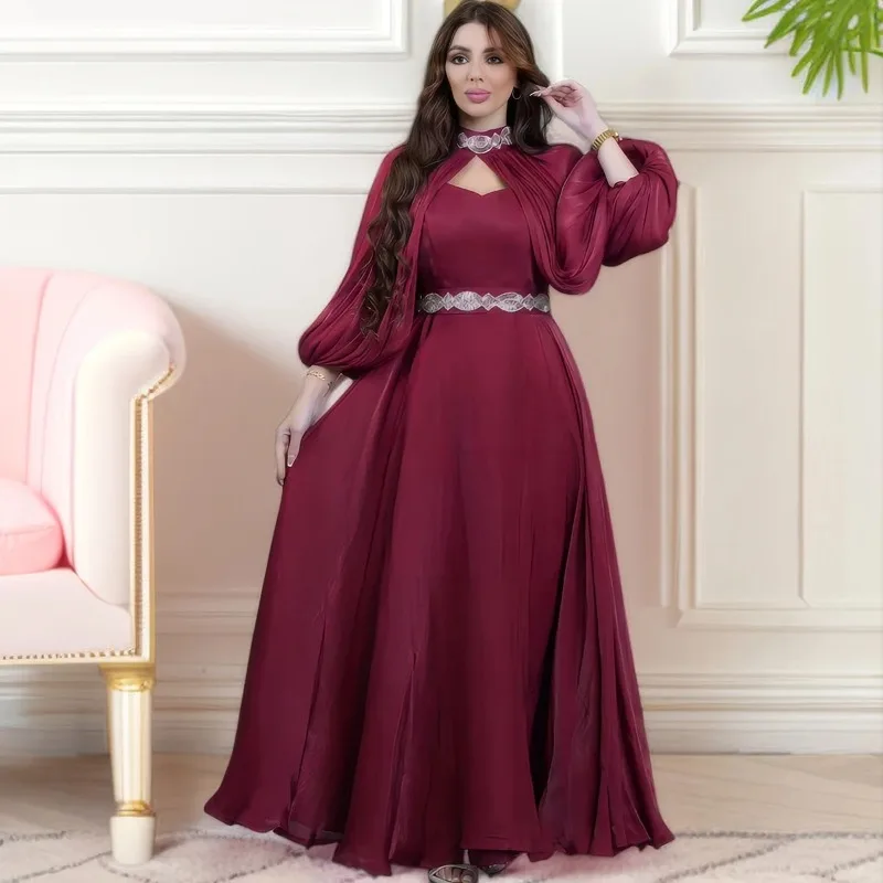 

Abayas For Women Evening Party Gown Belted Dress Moroccan Islamic Clothing Jalabiya Puff Sleeve Cape Diamonds Elegant Kaftan