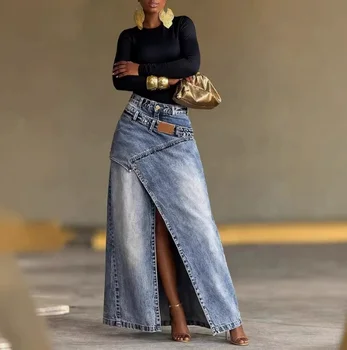 Skirt for Women 2026 Spring Autumn New Solid Color High Waisted Irregular Slit Streetwear Casual Denim A-Line Long Skirt