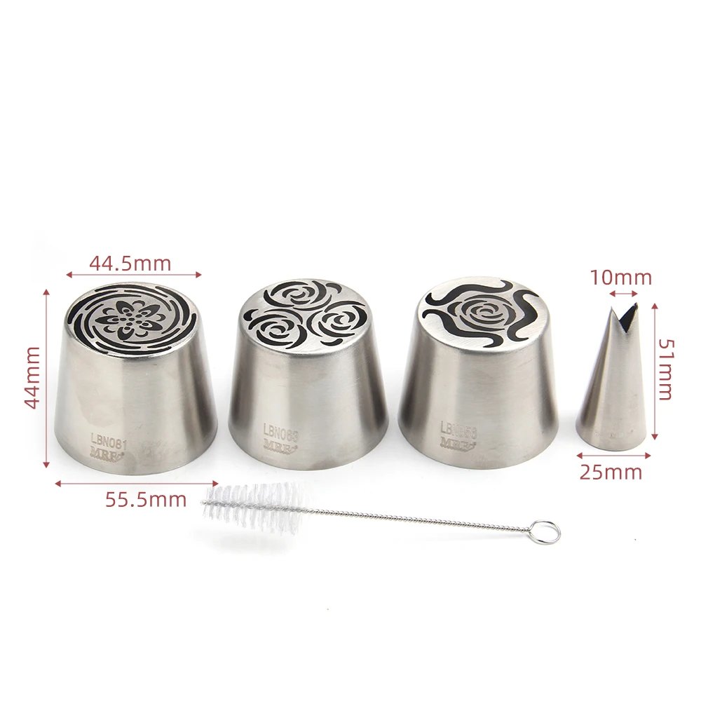 3 PCS Stainless Steel XL Russian Icing Nozzles Pastry Baking Tools Kit 1PCS Leaf Tip & Brush
