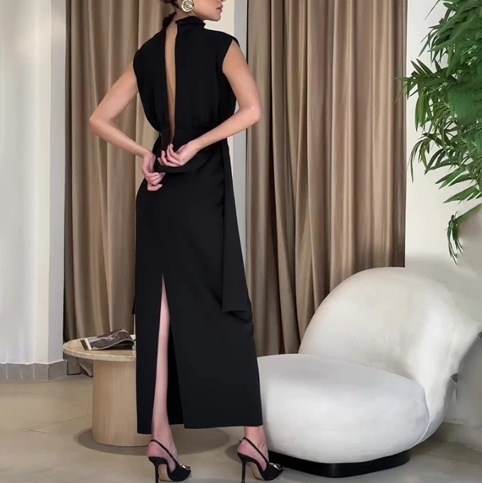 

Dresses for Women 2024 Spring/Summer Sleeveles Zipper Slim Fit Waist Opening Elegant Round Neck One Step Skirt Fashionable Style