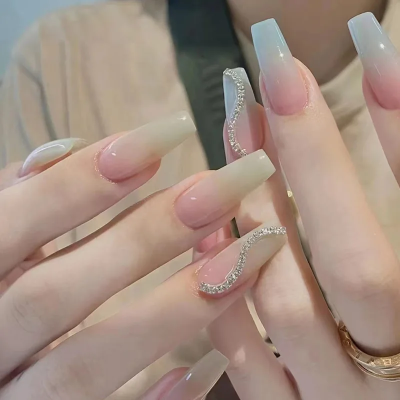

Blue and Green Fresh Gradient Two color Cool Nail Art Fake Nails Temperament White Long Ballerina Press on Nails Set False Nails
