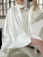 Bonboho Women's Elegant Blouse Solid White Buttoned Satin Shirts Lapel Collar Long Puff Sleeves Loose Fit T-shirt with Scarf - Image 4