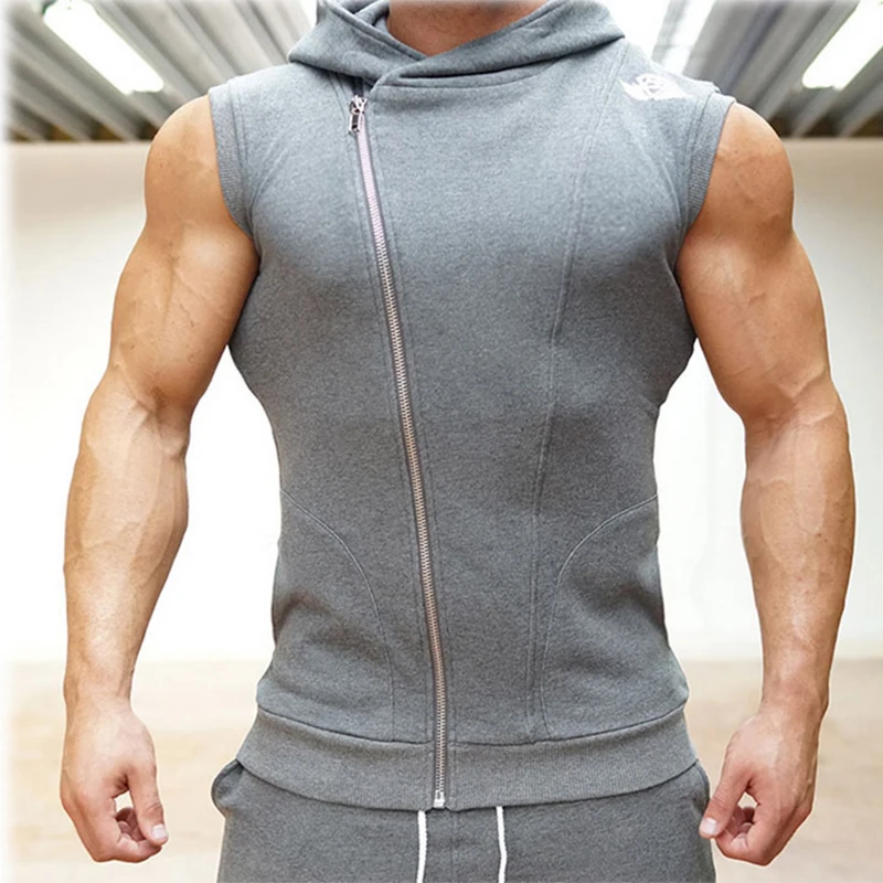 Men's Fashion Fitness Gyms Tank Top Male Sleeveless Vest Breathable Hooded Training Clothing Zipped Workout Running Sportswear