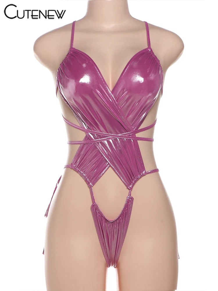 Body brillante para mujer, sexy, con vendaje cruzado, sin cintura ni espalda, ajustado, para mujer, atractivo, liso, para salir de noche o discoteca.