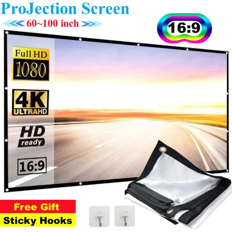 Portable HD Projector Screen for Travel and Home Theater - 16:9, 60-100 Inch, 180° Viewing Angle