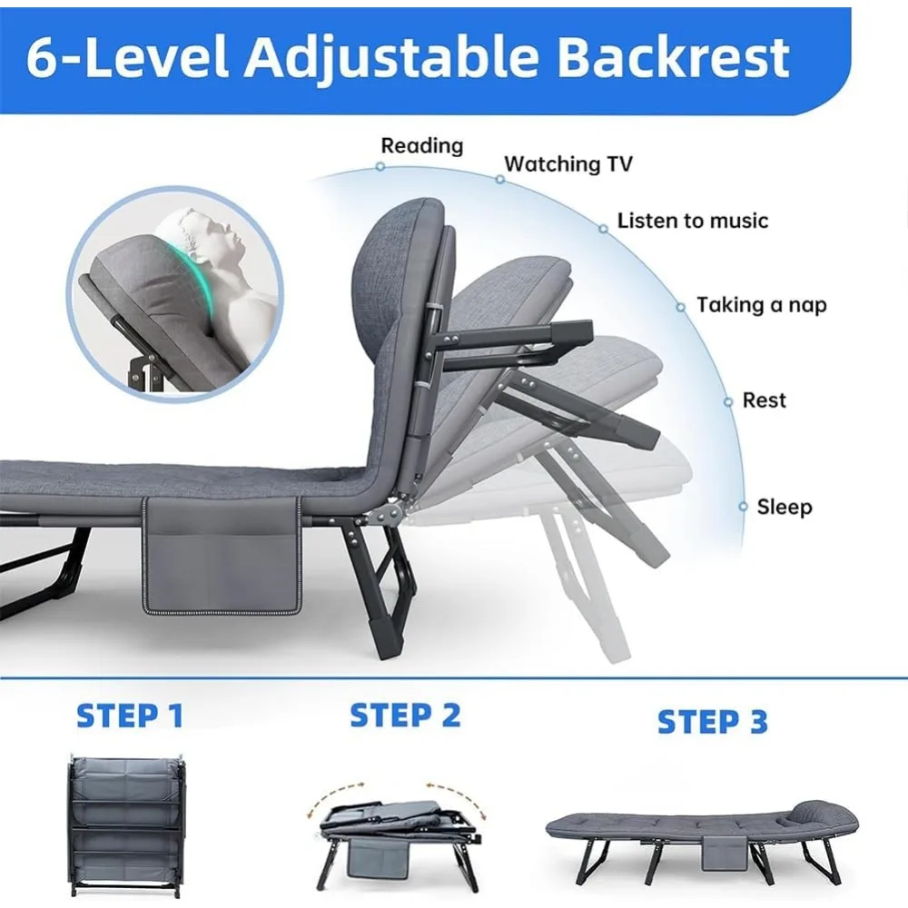 Heavy-Duty 6-Position Adjustable Folding Chaise Lounge Chair Portable Camping Cot with Removable Mattress and Pillow for Outdoor