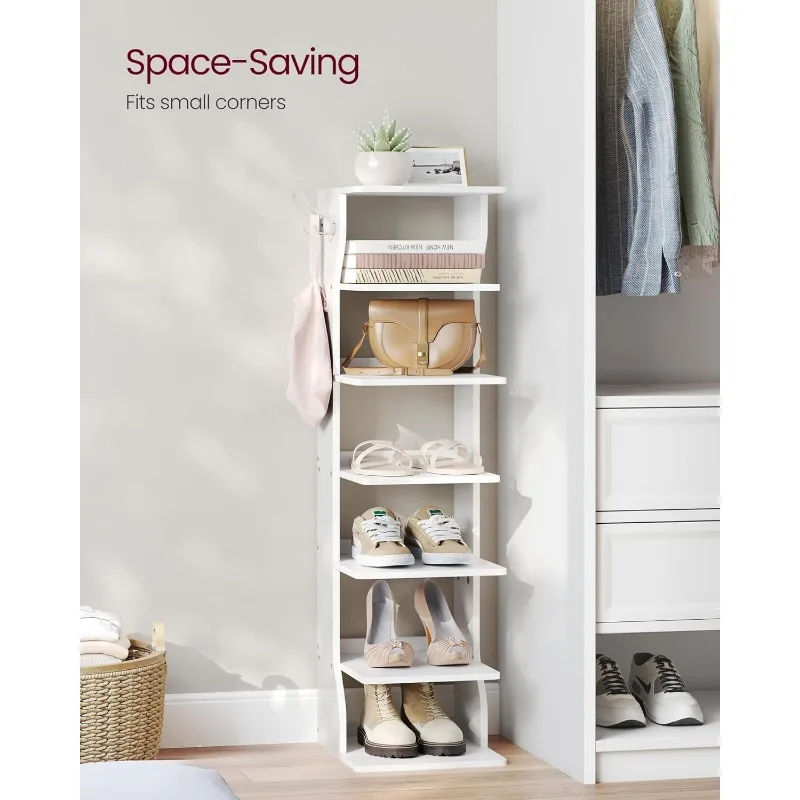 7 Tier Vertical Shoe Rack, Narrow Shoe Storage Organizer with Hooks, Slim Wooden Corner Tower Rack, Robust and Durable