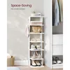 7 Tier Vertical Shoe Rack, Narrow Shoe Storage Organizer with Hooks, Slim Wooden Corner Shoe Tower Rack, Robust and Durable 4