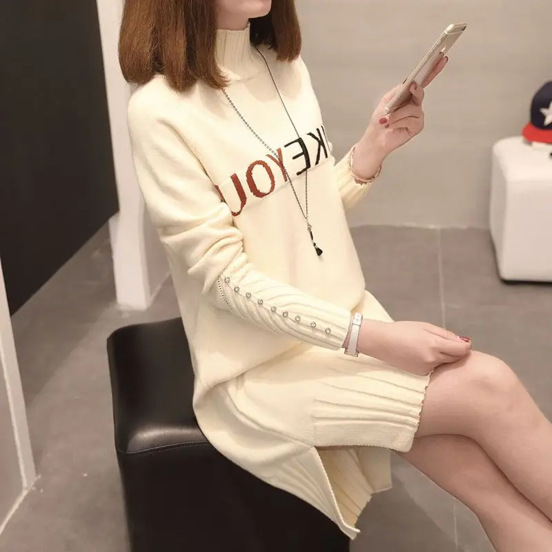 

Knitted Women Dresses Half High Collar Autumn Winter Tassels Vintage Vestidos Thick Warm Korean Fashion Robe Femme