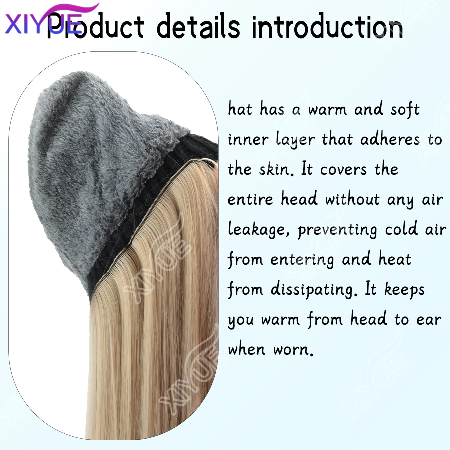 XIYUE Hat Wig Synthetic Hat Hair Extensions Wigs For Women Long Straight Hair Warm Plush Knitted Autumn Winter Cap