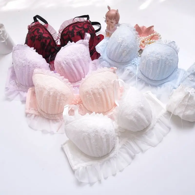 Japanese Cute Girly Princess Underwear Set Kawaii Lace Sexy Wire Free Push Up Lolita Bra and Panty Size 32 34 36 38 40 A B C D E