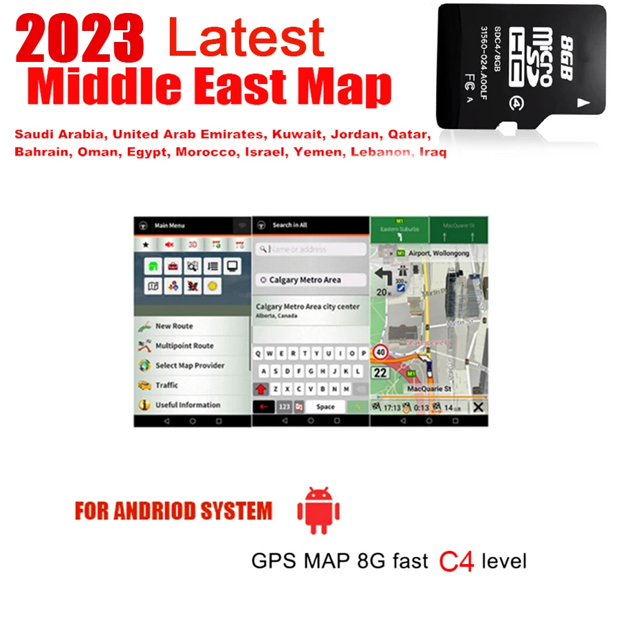 Car navigation display fit for Android system car auto GPS navigation 8GB micro SD card map of Middle East