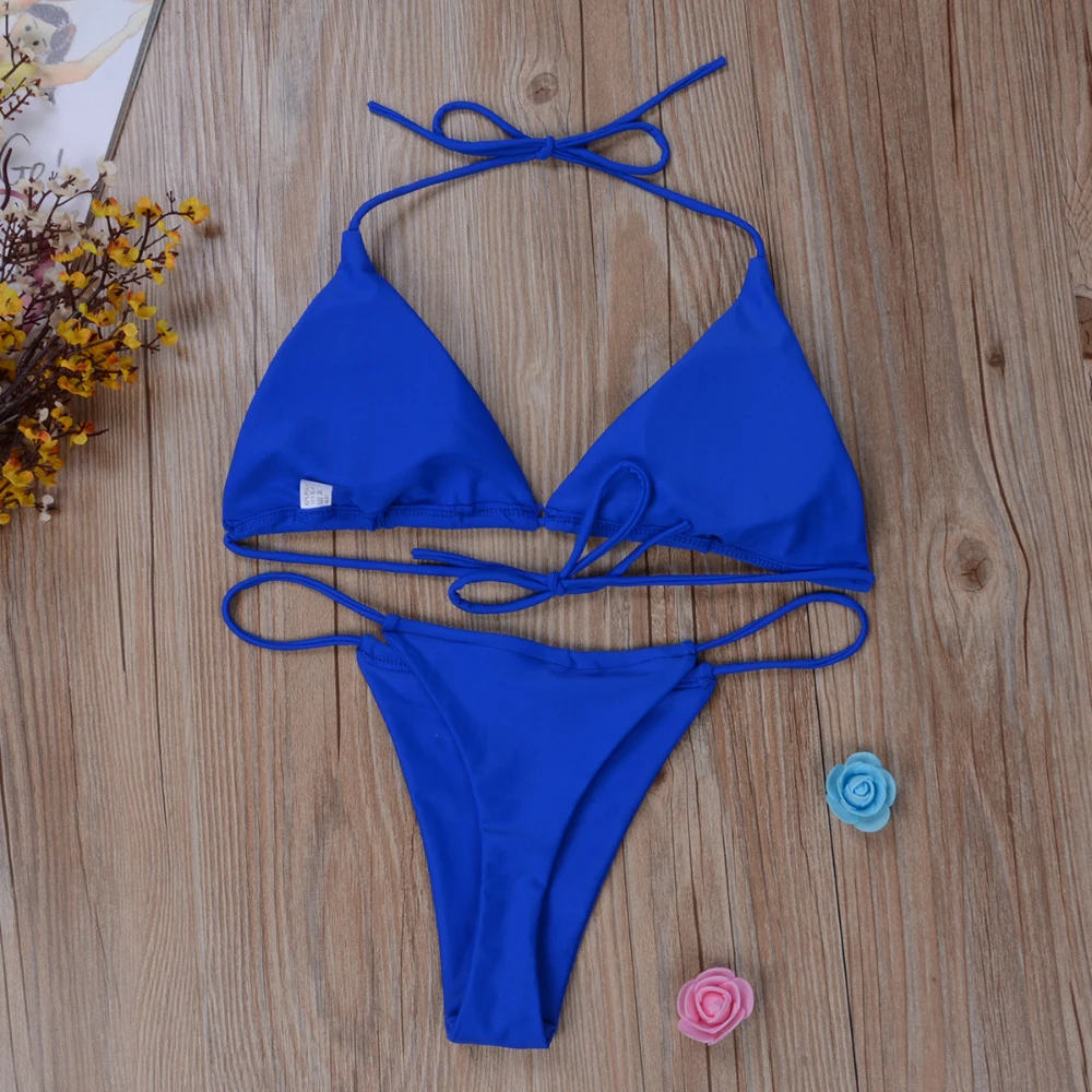 Conjunto de Bikini sin costuras para mujer, tangas elásticas ultrafinas, traje de baño transpirable liso con lazo lateral, traje de baño brasileño de estilo vendaje