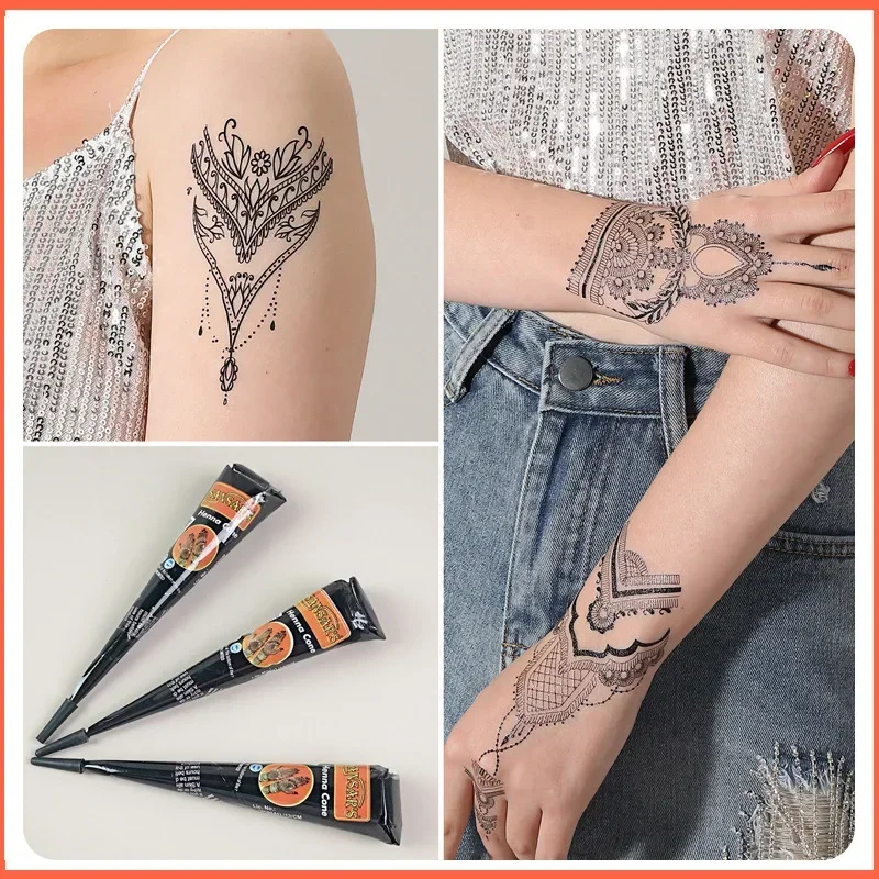 1PCS Organic Indian Henna Black Tattoo Inks Natural Body Art Ointment Mehndi Paste Cone Colored Sticker Mehndi Body Paint